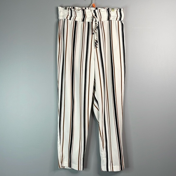 DYNAMITE Striped Pants High Waist Elastic Drawstring Waist Ivory Brown Black M - Picture 10 of 10